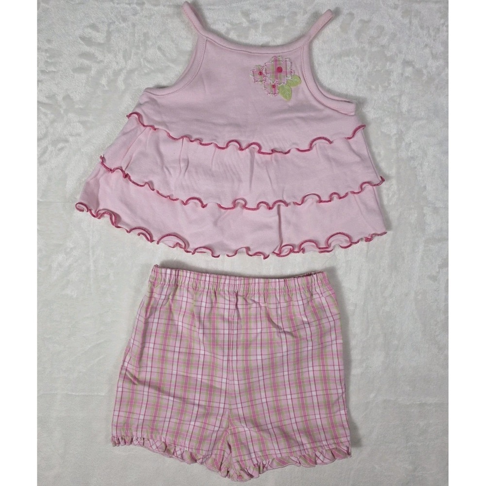 Vintage Y2K Little Me baby Girl 9M Pink Ruffle Tank Plaid shorts 2Pc Set